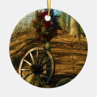 Christmas Wreath and Wagon wheel Ceramic Ornament