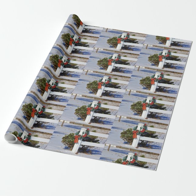 Christmas Wreath and white fence Wrapping Paper (Unrolled)