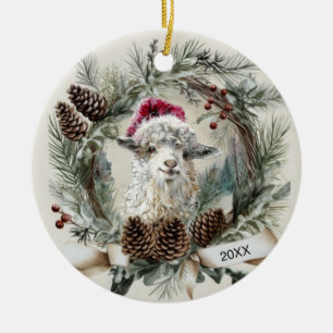 Christmas Wreath Angora Goat  Ceramic Ornament