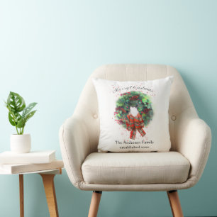 Christmas Wreath Art Plaid Bow Personalized Cushion