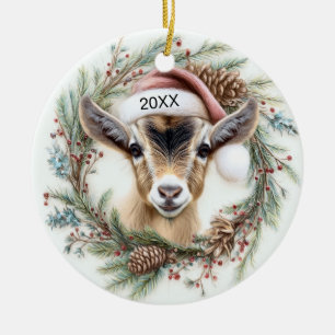 Christmas Wreath Baby Goat  Ceramic Ornament