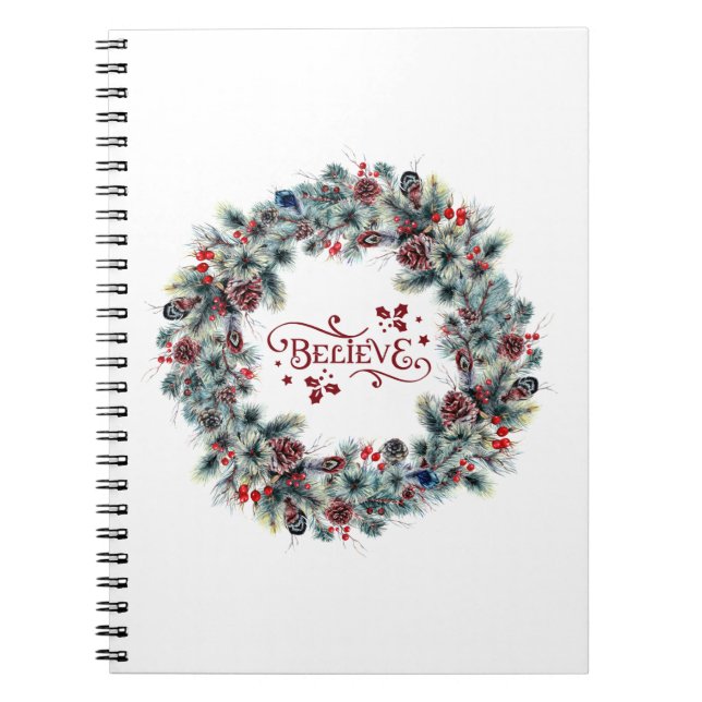 Christmas Wreath BELIEVE Typography Notebook (Front)