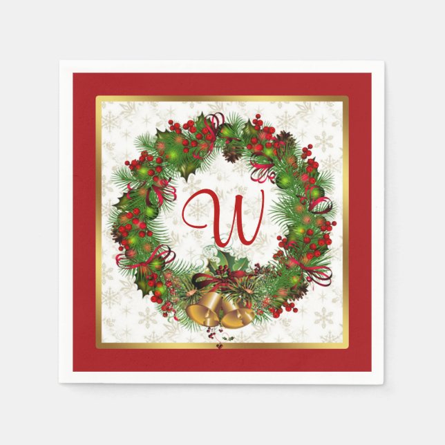 Christmas wreath, bells, holly Monogram Napkin (Front)