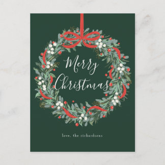 Christmas Wreath berries and bow Holiday Postcard