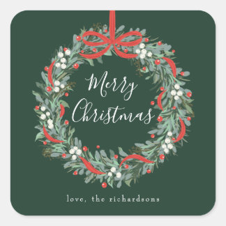 Christmas Wreath berries and bow Square Sticker