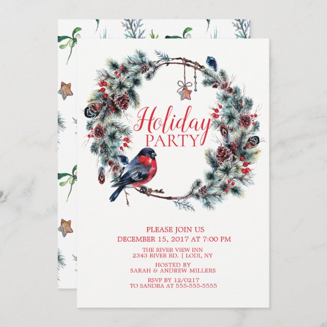 Christmas Wreath Bird  Holiday Party Invitation (Front/Back)