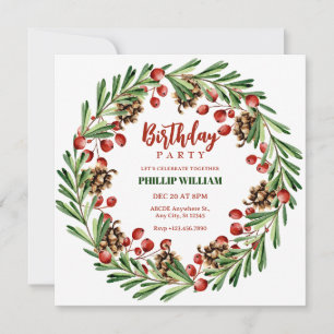 Christmas wreath birthday party invitation