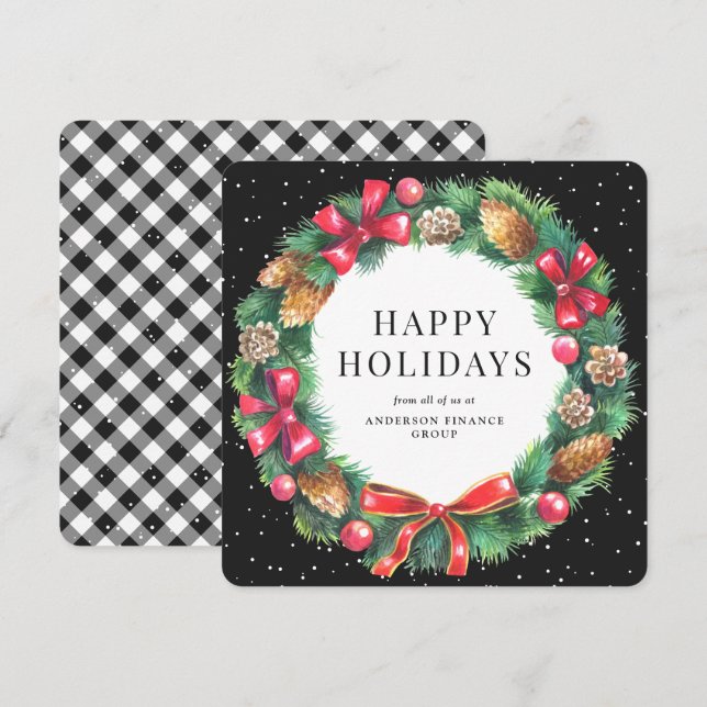 Christmas Wreath Black and White Plaid Business Holiday Card (Front/Back)