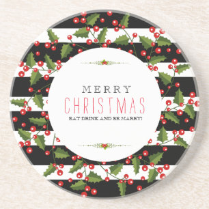 Christmas Wreath & Black & White Stripes Coaster