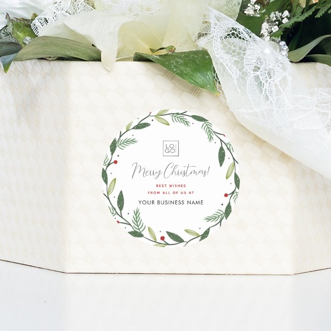 Christmas Wreath Business Add Custom Company Logo Classic Round Sticker (Creator Uploaded)