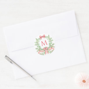 Christmas Wreath Candy Cane Bow   Monogram Classic Round Sticker