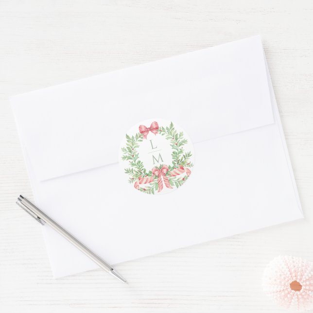 Christmas Wreath Candy Cane Bow | Monogram Wedding Classic Round Sticker (Envelope)