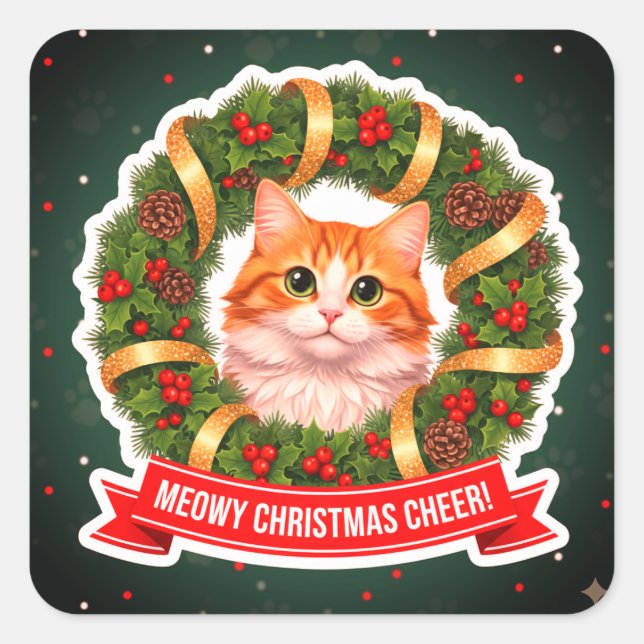 Christmas Wreath Cat Sticker – Cute Festive Kitty (Front)