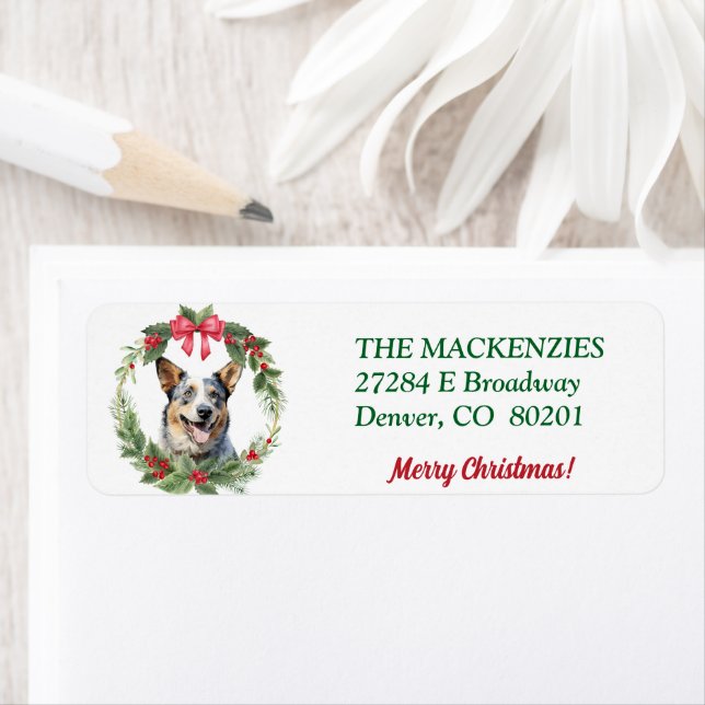 Christmas Wreath Cattle Dog Return Address Label (Insitu)