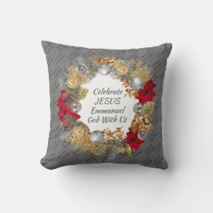 Christmas Wreath   CELEBRATE JESUS   Silver Grey Cushion