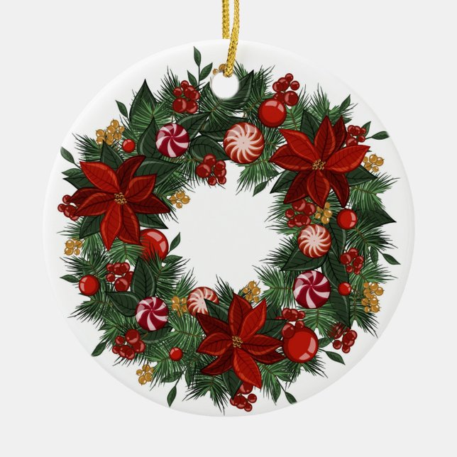 Christmas Wreath  Ceramic Ornament (A digital art illustration of a Christmas ornament, featuring a wreath design.)