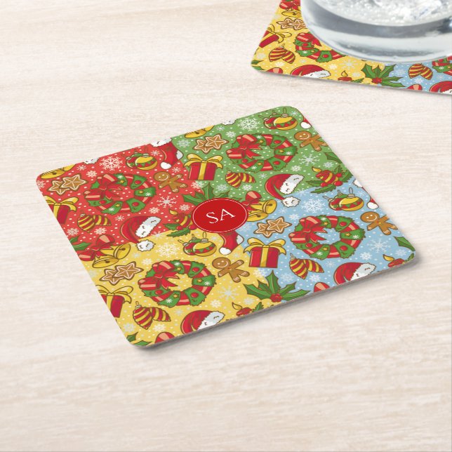 Christmas wreath, Christmas Ornaments, Santa's Hat Square Paper Coaster (Angled)