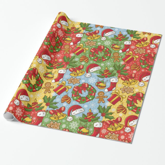 Christmas wreath, Christmas Ornaments, Santa's Hat Wrapping Paper (Unrolled)