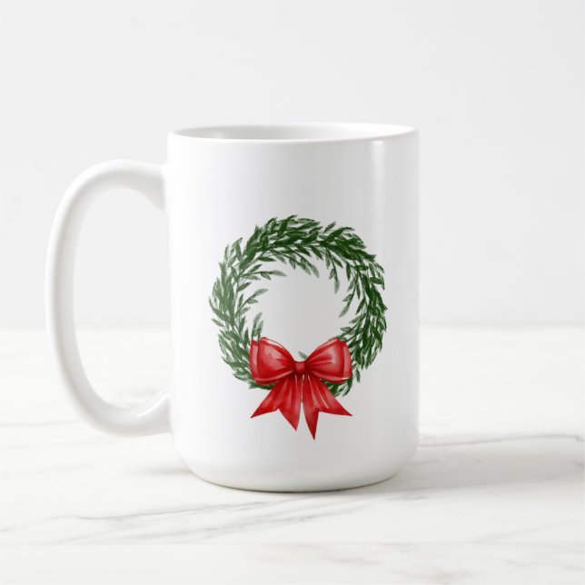 Christmas Wreath Coffee Mug with Red Bow  (Left)