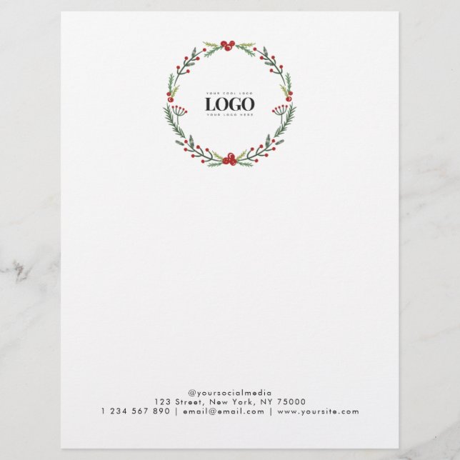Christmas Wreath Custom Business Logo Text Simple Letterhead (Front)