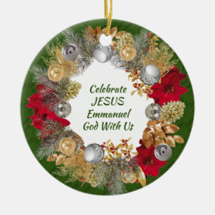 Christmas Wreath Custom Green CELEBRATE JESUS Ceramic Ornament