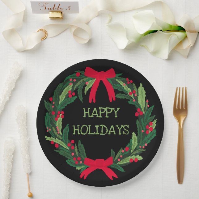 Christmas Wreath CUSTOM Hand Drawn Holiday Paper Plate (Wedding)