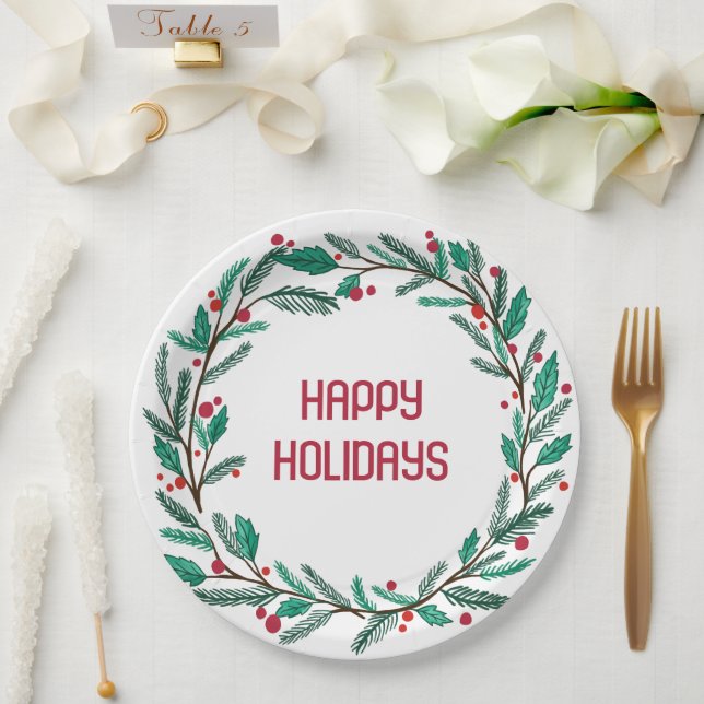 Christmas Wreath CUSTOM Hand Drawn Holiday Paper Plate (Wedding)