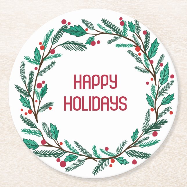 Christmas Wreath CUSTOM Hand Drawn Holiday Round Paper Coaster (Front)