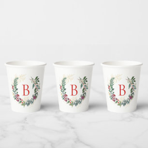 Christmas Wreath Custom Monogram Paper Cups