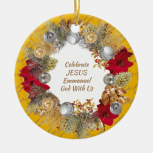 Christmas Wreath Custom Yellow CELEBRATE JESUS Ceramic Ornament