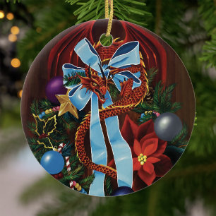 Christmas Wreath Dragon Ceramic Ornament