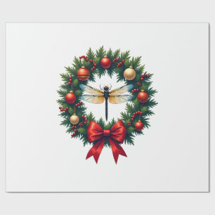 Christmas Wreath Dragonfly Wrapping Paper