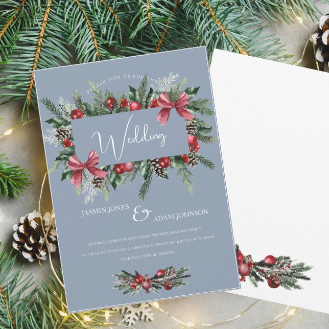 Christmas Wreath Dusty Blue Winter Festive Wedding Invitation (Creator Uploaded)