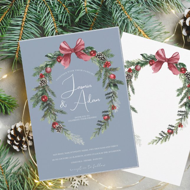 Christmas Wreath Dusty Blue Winter Festive Wedding Invitation (Creator Uploaded)