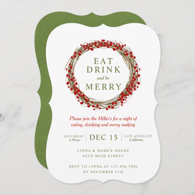 Christmas Wreath Eat Drink and be Merry Party Invitation (Front/Back)