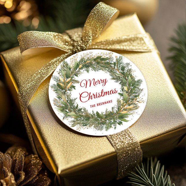 Christmas Wreath Elegant Festive Holiday Classic Round Sticker (Christmas Wreath Elegant Festive Holiday Classic Round Sticker)