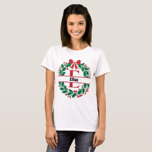 Christmas wreath Family Matching Name letter E T-Shirt