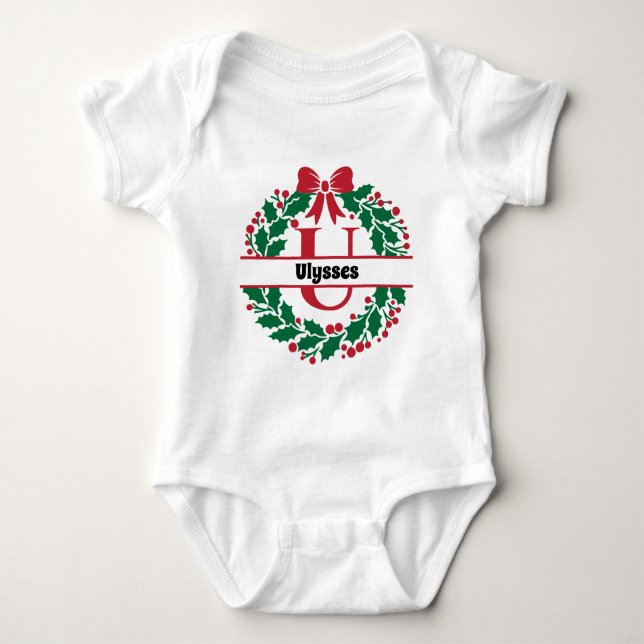 Christmas wreath Family Matching Name letter U Baby Bodysuit (Front)