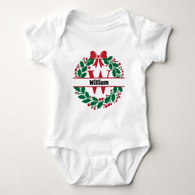 Christmas wreath Family Matching Name letter W Baby Bodysuit (Front)