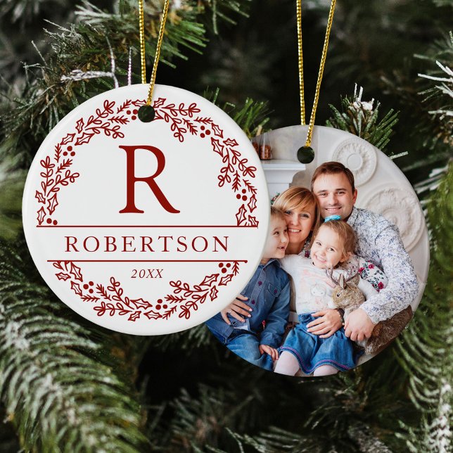 Christmas Wreath Family Monogram Photo Ceramic Ornament (Creator Uploaded)