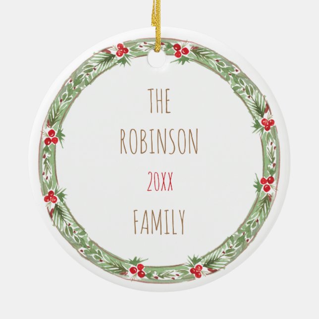 Christmas Wreath Family Pet Photo Name Holiday Ceramic Ornament (Back)
