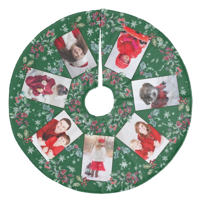 Christmas Wreath Family Photo Collage Green Fleece Tree Skirt (Front)