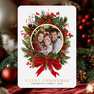 Christmas Wreath Family Photo Foil Holiday Card