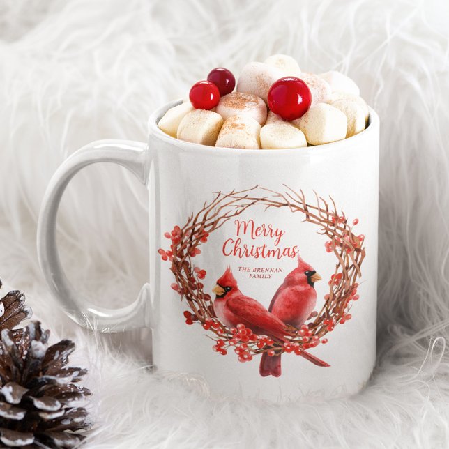 Christmas Wreath Festive Red Cardinal Script Mug (Christmas Wreath Festive Red Cardinal Script Mug)