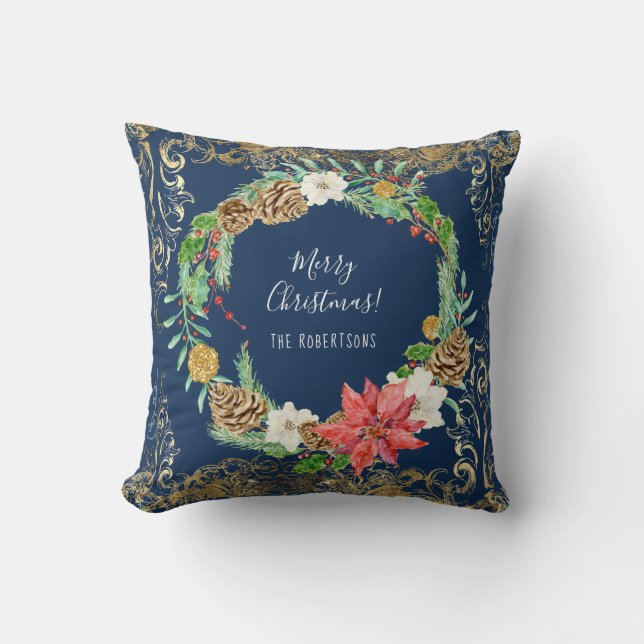 Christmas Wreath Floral Pine Cone Navy Gold Swirls Cushion (Front)