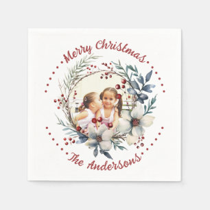 Christmas wreath flowers and red berries photo napkin