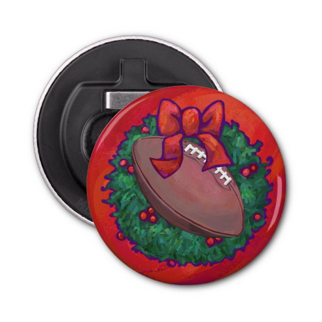 Christmas Wreath Football on Red Bottle Opener (Front)