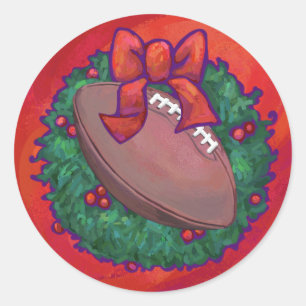 Christmas Wreath Football on Red Classic Round Sticker