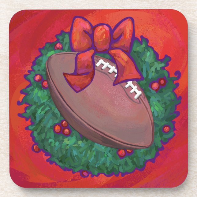 Christmas Wreath Football on Red Coaster (Front)
