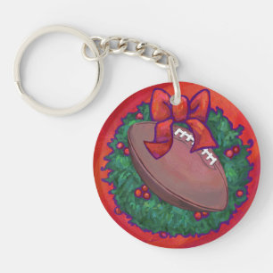 Christmas Wreath Football on Red Key Ring